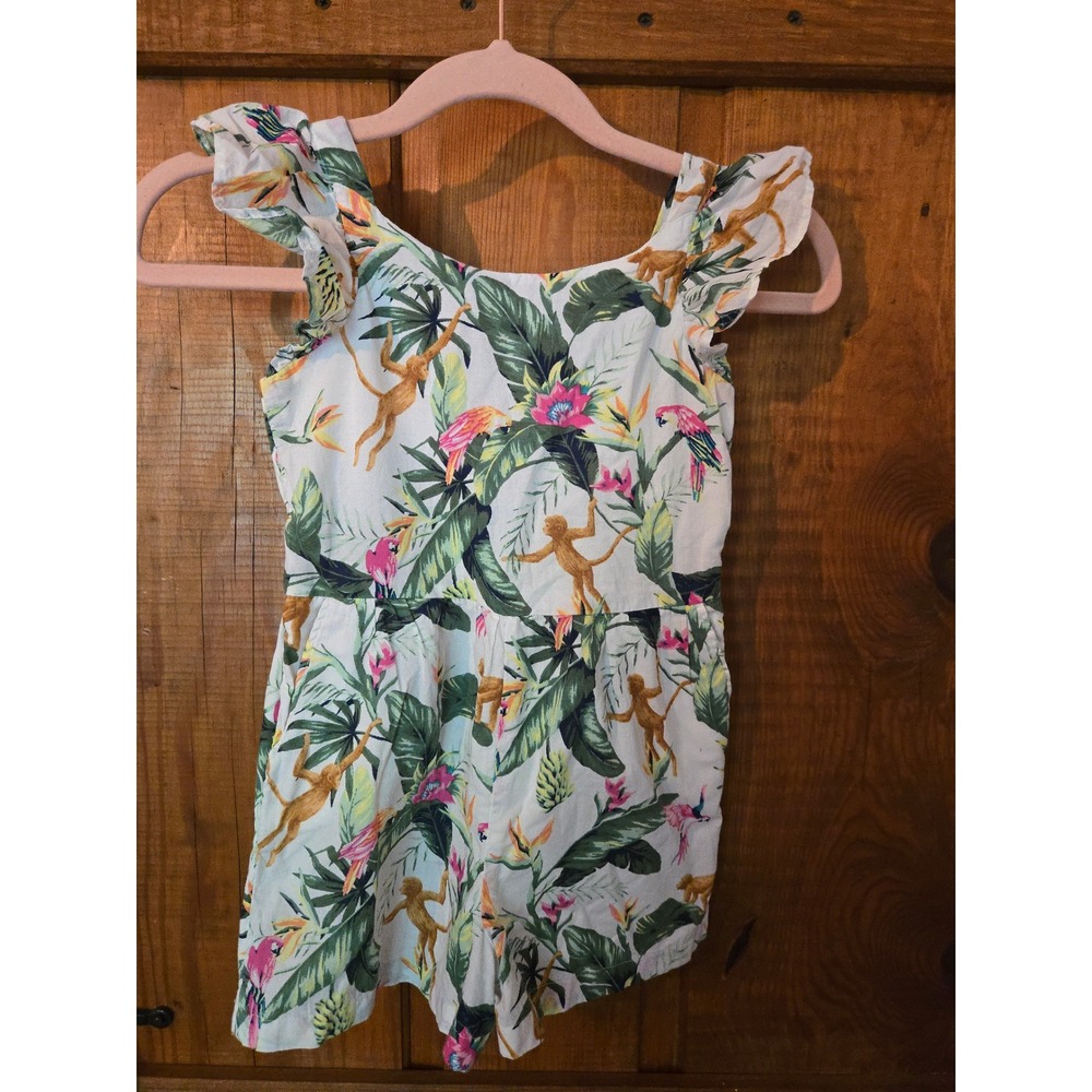 JANIE AND JACK - Tropical Jungle Monkey Parrot Print Ruffle Romper Open Back - 6